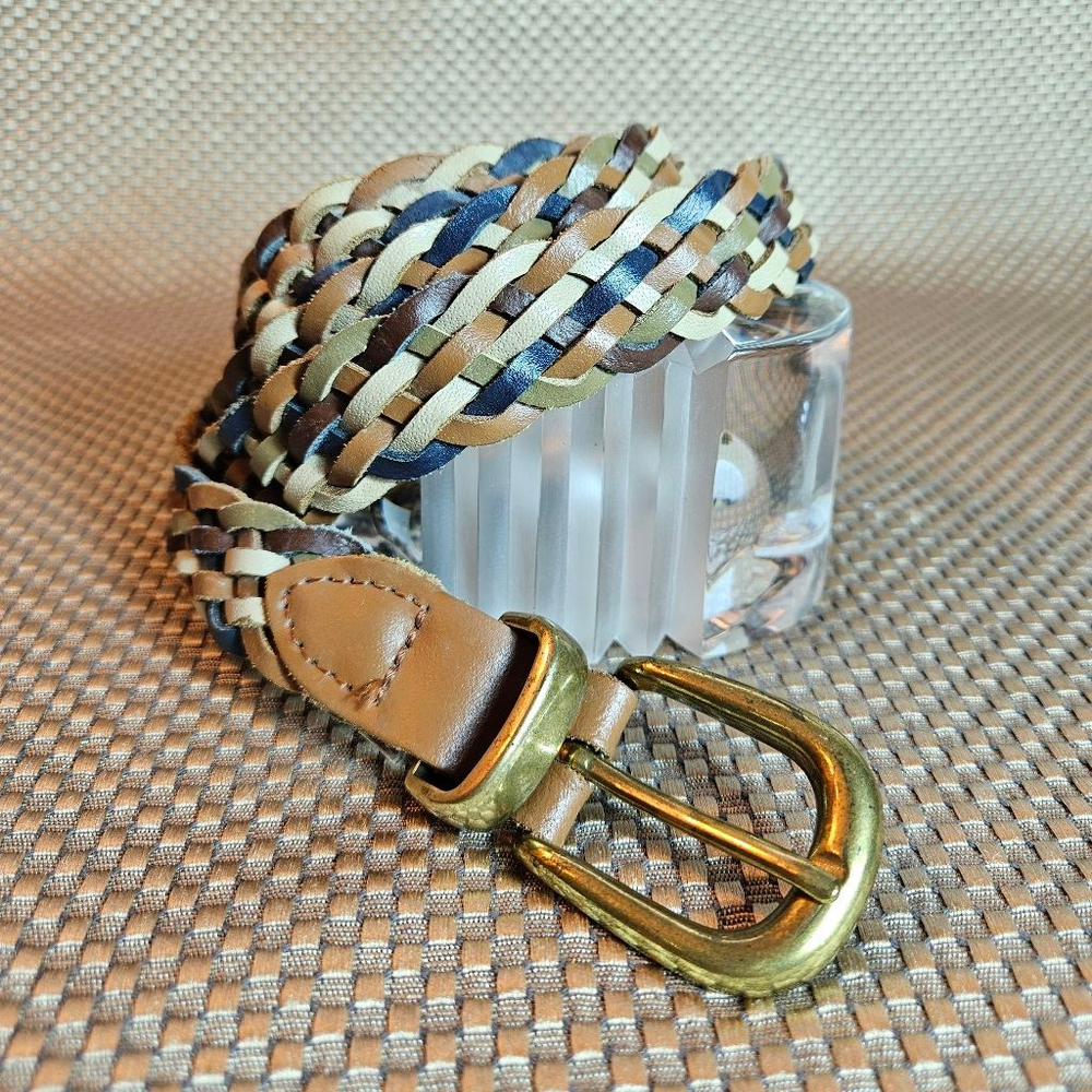 Vintage Braided Leather Belt Brass Buckle Navy Tan Cream Green 51" XL XXL